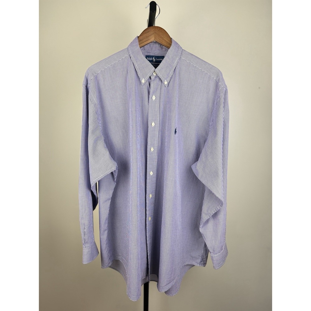 Ralph Lauren XL, 17 1/5 Blue White Check Button Down Shirt Cotton Preppy Classic